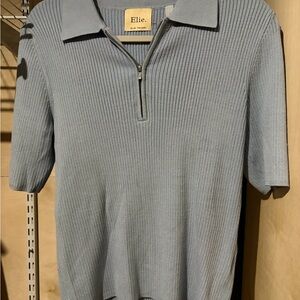 Elie Tahari Light Blue Ribbed Polo Zip Short Sleeve Top